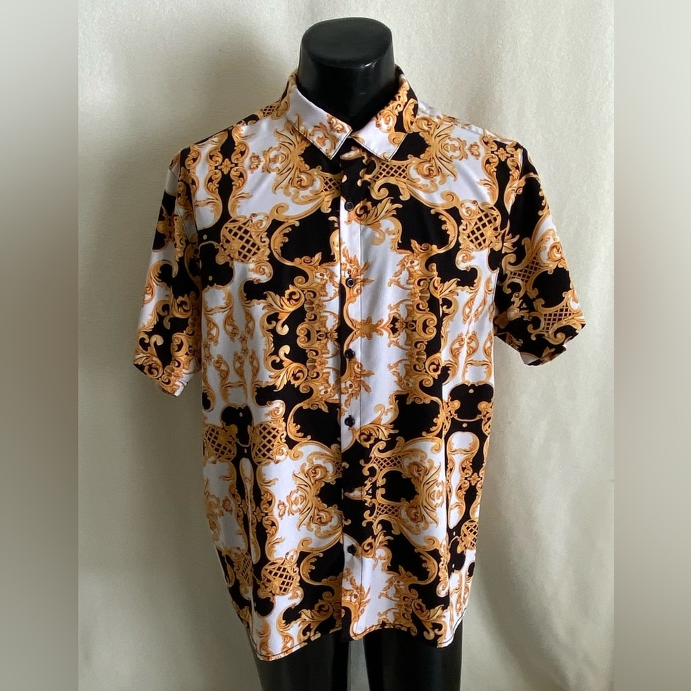 Baroque Gold Shirt Men’s XL Famous Italian Designer Style Short Sleeve 80's Mob#